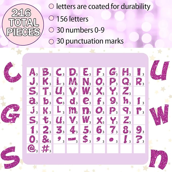 Colarr 216 Pcs Glitter Bulletin Board Letters for Classroom Number Alphabet Punctuation Symbol Cutout 4'' Die-Cut Poster Letter with Adhesive Dot School Party Holiday Decor Display(Purple)
