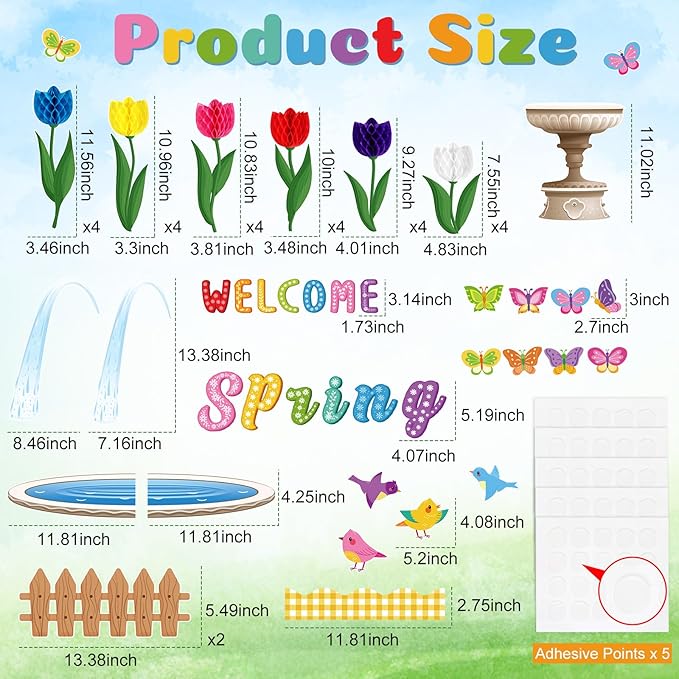 Pajean Welcome Spring Bulletin Board Set 3D Honeycombs Tulip Flower Classroom Decorations Floral Bird Butterfly Cutouts for Wall Door Decor Spring Easter Classroom Birthday Party Supplies