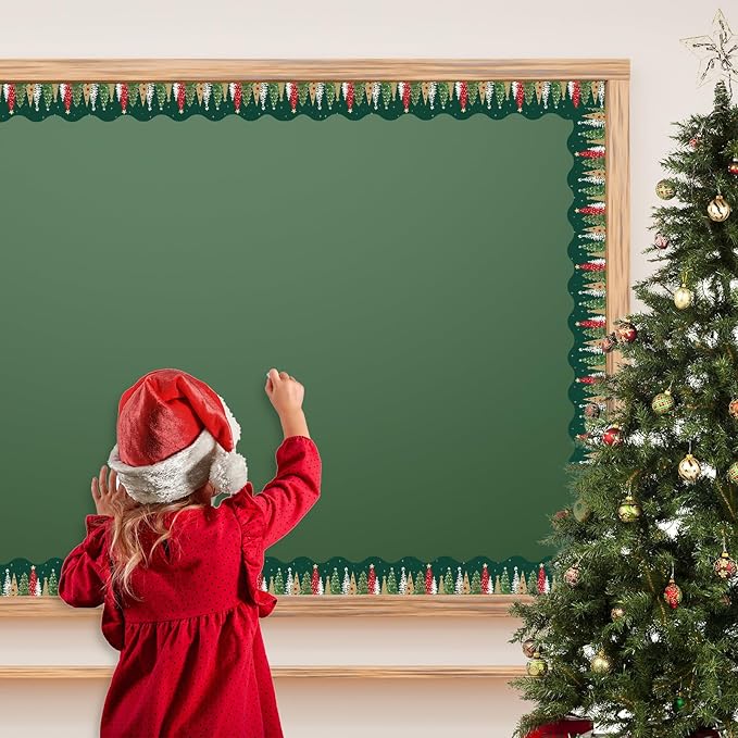65Ft Christmas Bulletin Board Border Xmas Pine Tree Green Scalloped Die Cut Border Trim Roll for Home Classroom Party Wall Decoration
