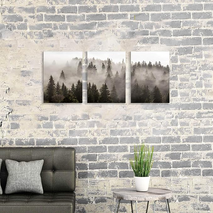 Foggy Forest Picture Wall Art: Landscape Painting Misty Pine Trees Artwork Print on Canvas for Kids Rooms(16"x12"x3pcs)