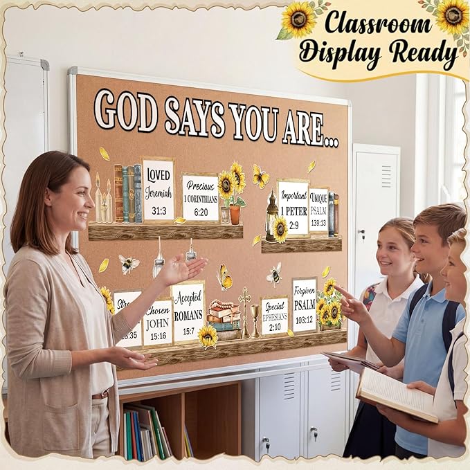 Qilery Sunflower Faith Bulletin Board Decorations Set, Cardstock Religious Wall Cutouts, Bulletin Board Borders & Letters, Christian Office Inspirational & Church Classroom Decor Kit, Adhesive Dots