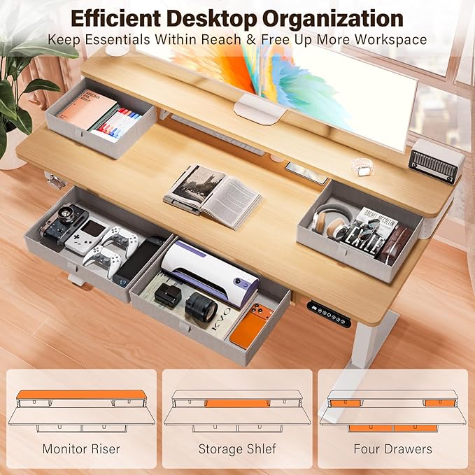 Kingant 55 x 24 Inch Electric Standing Desk with 4 Drawers, Height Adjustable Sit to Stand Computer Desk with Storage Shelf and C-Clamp Mount Compatibility for Home Office, Nature
