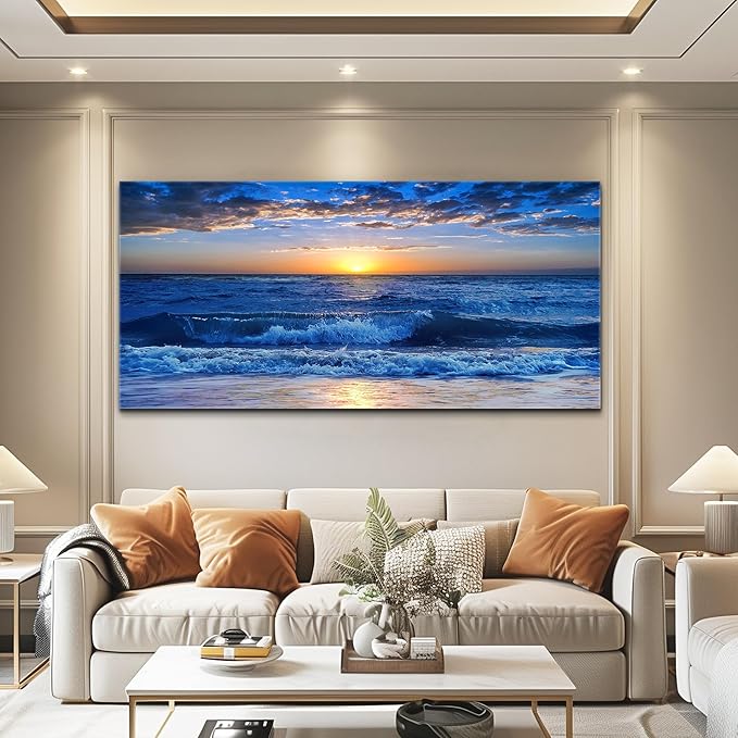 Canvas wall art for living room Blue Ocean Sea sun landscape painting bathroom Wall Decor Ready to Hang for Home Decorations office family bedroom kitchen Works canvas Prints pictures 30" x 60"inch