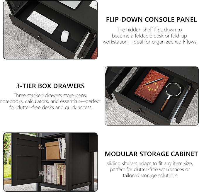 Farmhouse Executive Desk with Drawers - 62" W Farmhouse Computer Desk with Power Outlets & USB Charging, Heavy Duty Storage Desk for Home Office & Study.Black