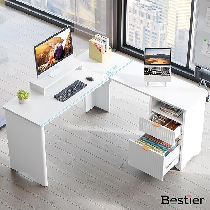 Bestier L Shaped Desk with File Drawer, 55.7" x 55" Office Computer Desk with Round Corners, Modern Desk with Monitor Stand & Fluted Panels for Home Office, White