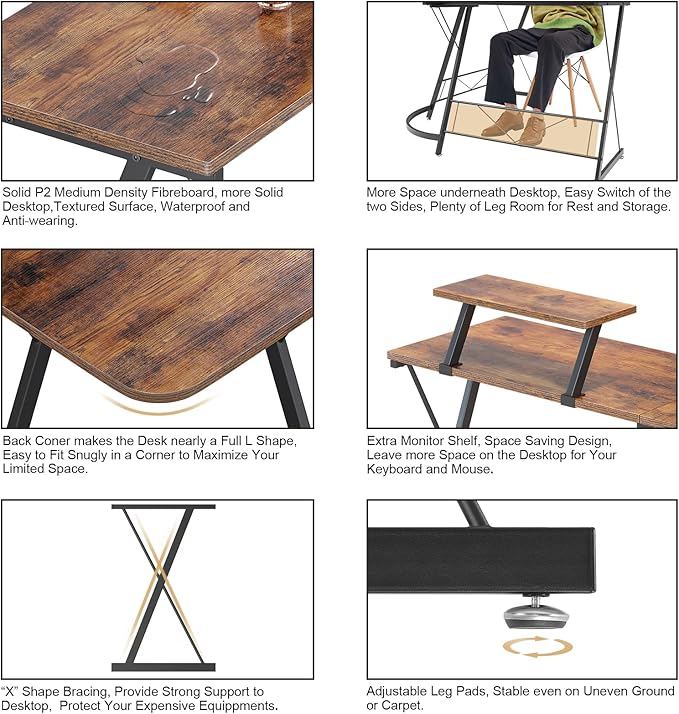 Mr IRONSTONE L Shaped Computer Desk: Corner Desk, Home Office Desk, Gaming Writing Workstation with Large Monitor Stand, Easy to Assemble (Rustic Brown,51 Inch)