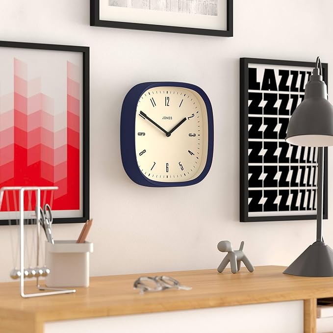 JONES CLOCKS® Marvel Wall Clock | Modern Retro Rounded Square Clock | 10 inch | Indigo Blue | Cool Designer Look for Kitchen, Living Room or Office