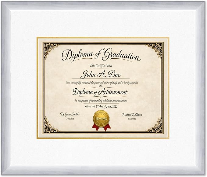 Diploma Frame Stainless Silver with Oyster Shell Over Gold Double Mat - Fits 13 x 10 College Diploma (Traditional) Wall Display Made in the USA