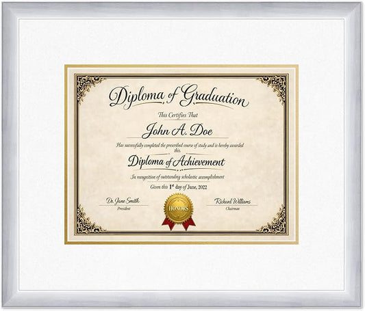 Diploma Frame Stainless Silver with Oyster Shell Over Gold Double Mat - Fits 13 x 10 College Diploma (Traditional) Wall Display Made in the USA
