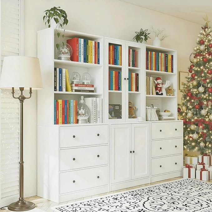 TUSY 71" H Bookshelf with Storage, 6-Tier Modern Bookshelves with 3 Large Drawer, Display Bookcase with Glass Doors, Modern 5-Tier Curio Cabinet for Home Office, Dining Room (White, BAB)