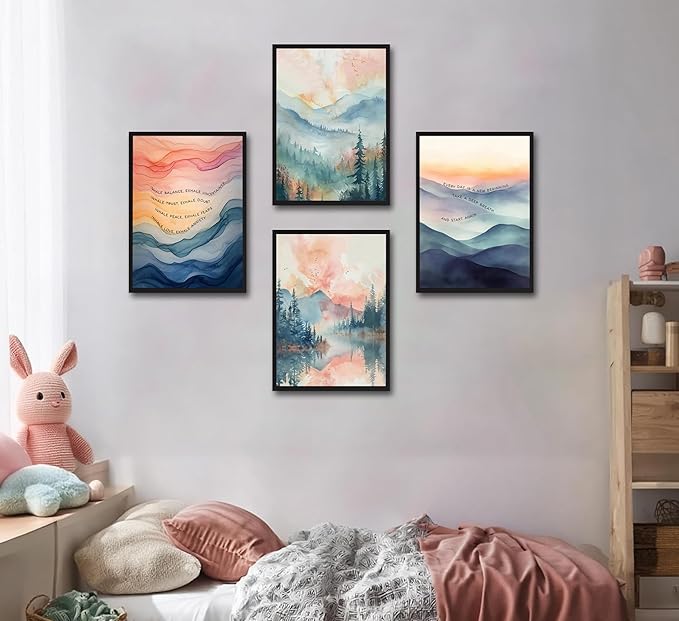 4pcs Mental Health Inhale Exhale Meditation Wall Art Abstract Watercolor Painting Picture Wall Decor Therapy Office Pictures Poster Print Artwork for Meditation Room Calming Corner Decoration Unframed