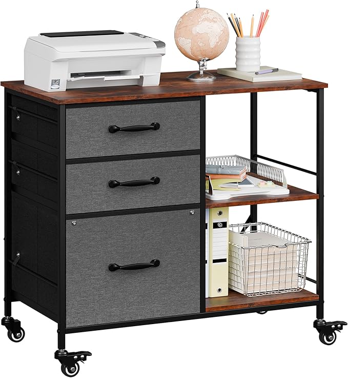 JungleA 3 Drawer Mobile File Cabinet, with 3 Fabric Drawers and 2 Shelves, Mobile Storage Organizer Cart for Office, Study Room, Library, Dark Gray