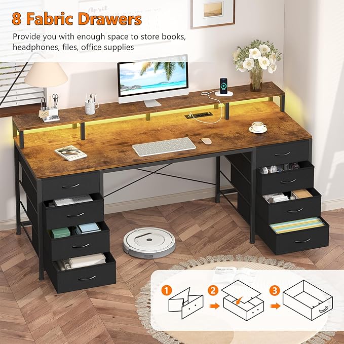 60 Inch Computer Desk with 8 Fabric Drawers, Gaming Desk with LED Lights & Power Outlets, Home Office Desk with Monitor Stand, Rustic Brown