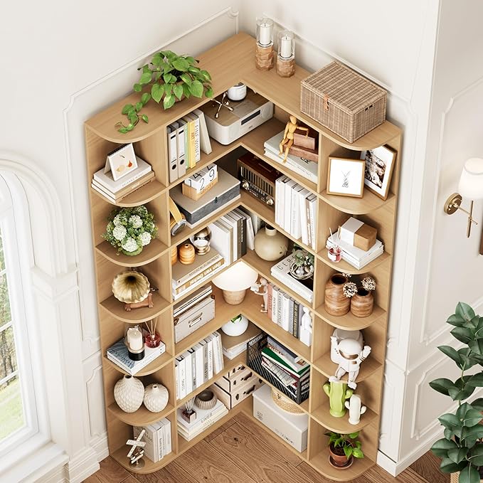 FOTOSOK 74” Tall Corner Bookshelf, 6-Tier Bookshelf and Bookcase with Open Storage, Tall Bookcases Wooden Storage Shelves for Home Office, Thickened Boards for Better Load Bearing, Natural