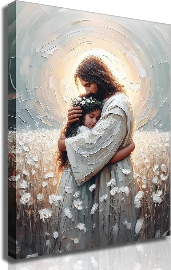 Christian Canvas Wall Art -His Love- Jesus Hugging Girl Painting Safe Haven Posters Bible Prints Jesus Picture Jesus with Children Wall Decor framed
