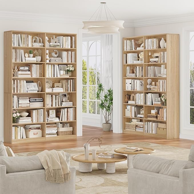 FACBOTALL 83.6" Tall Bookshelf and Bookcase, 7-Tier Extra Large Bookshelf with Double Storage, 14 Open Display Shelves for Home Office, Study and Living Room, Light Oak