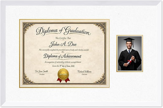 Diploma Frame With Photo Opening Bright White Oyster Shell Over Gold Mat - Fits 17 x 13 Degree and Picture Made in the USA