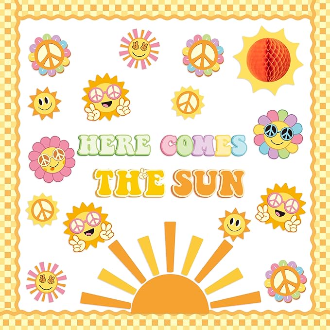 Xqumoi Retro Here Comes The Sun Bulletin Board Decorations - 84Pcs Groovy Hippie Boho Cutouts Name Tags Checkerboard Boarder Trim Back to School Classroom Preschool Kindergarten Chalkboard Wall Decor