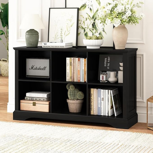 6 Cube Storage Organizer - 47.4" Farmhouse Wood Low Bookshelf, 3 Tier Horizontal Open Shelf Bookcase Cubby Storage Console Cabinet for Living Room, Entryway, Office, Black
