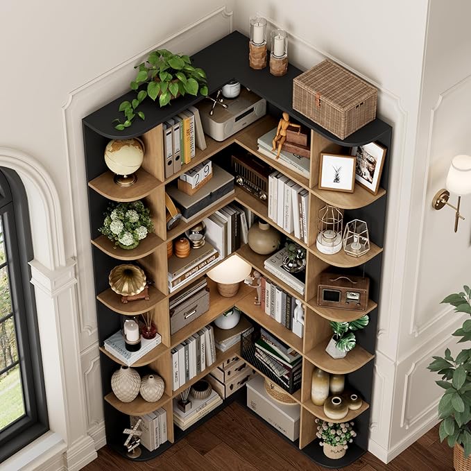 FOTOSOK 74” Tall Corner Bookshelf, 6-Tier Bookshelf and Bookcase with Open Storage, Tall Bookcases Wooden Storage Shelves for Home Office, Thickened Boards for Better Load Bearing, Black/Brown
