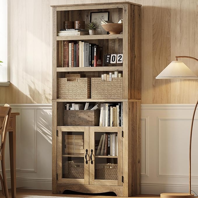 LINSY Bookshelf with Doors, 6 Shelf Bookcase Tall Bookshelves, 73" Farmhouse Book Shelf with Storage Cabinet, Wood Book Shelves for Living Room, Bedroom, Office, Rustic Brown