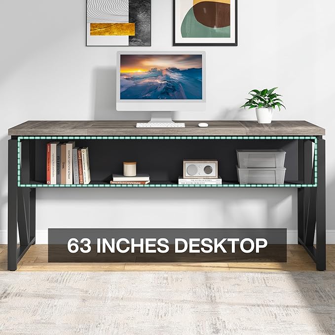Tribesigns 63 inches Computer Desk with Bottom Storage Shelf Home Office Desk Writing Table for Workstation,Dark Walnut + Steel Leg， Cabinet not Included (Grey, 63-inch-with Shelf)