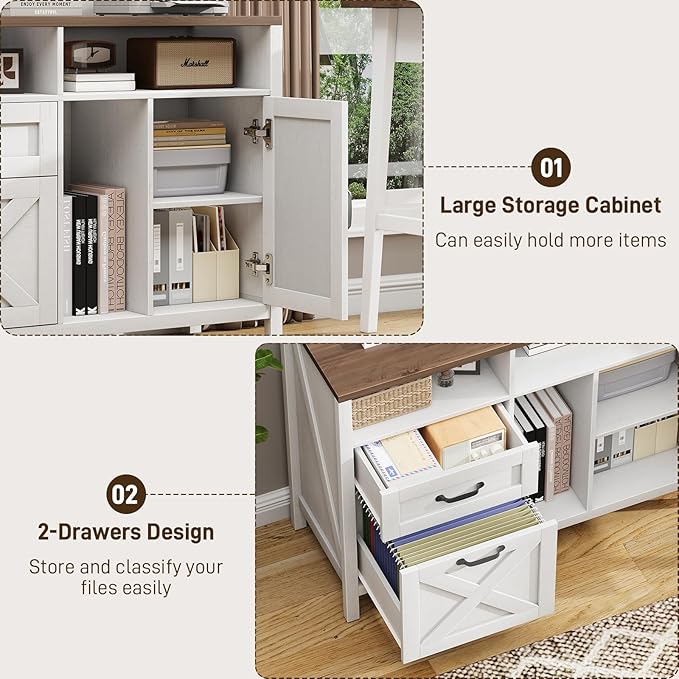 Farmhouse File Cabinet with Doors, Lateral Filing Cabinet with 2 Drawers for Letter/A4 Size Hanging Files, Large Wooden Printer Stand with Open Shelf for Home Office, Rustic White