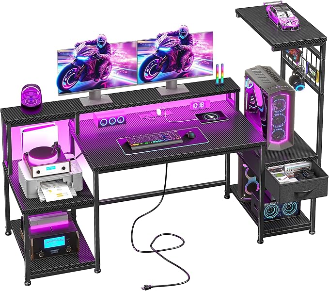 55" Gaming Desk with LED Lights & Outlets,Computer Desk with Drawers & Monitor Stand,Gaming Table with Storage Shelves & Printer Space for Game Room,Study Room,Home Office,Bedroom,Black