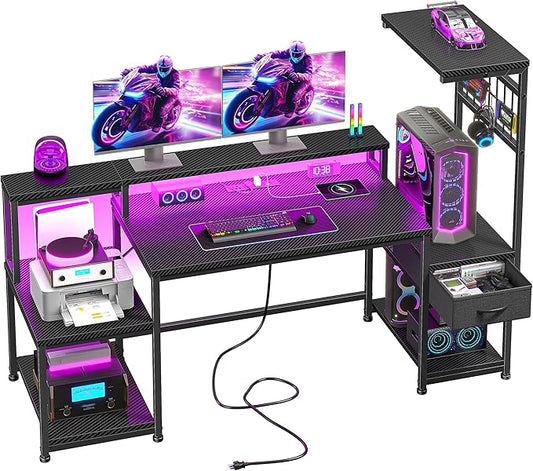 55" Gaming Desk with LED Lights & Outlets,Computer Desk with Drawers & Monitor Stand,Gaming Table with Storage Shelves & Printer Space for Game Room,Study Room,Home Office,Bedroom,Black