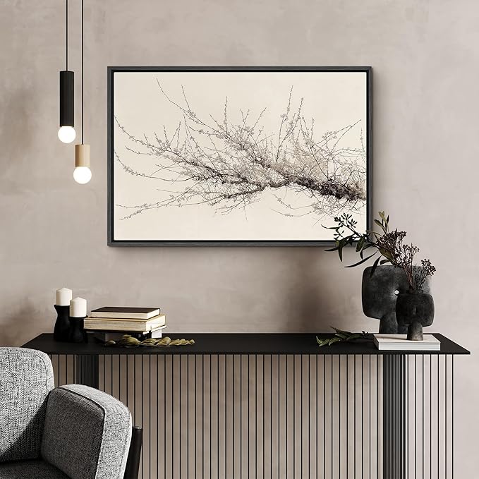 SIGNFORD Framed Canvas Print Wall Art Minimalist Branch with Blossoms in Sepia Tones Illustrations Modern Art Decorative Bohemian Relax/Calm for Living Room, Bedroom, Office - 16"x24" Black