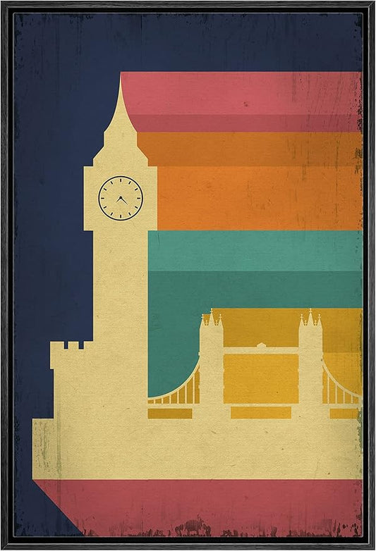 IDEA4WALL Framed Canvas Print Wall Art Retro Vintage British Big Ben Poster Cultural Building Illustrations Modern Art Contemporary Scenic Warm for Living Room, Bedroom, Office - 24"x36" BLACK