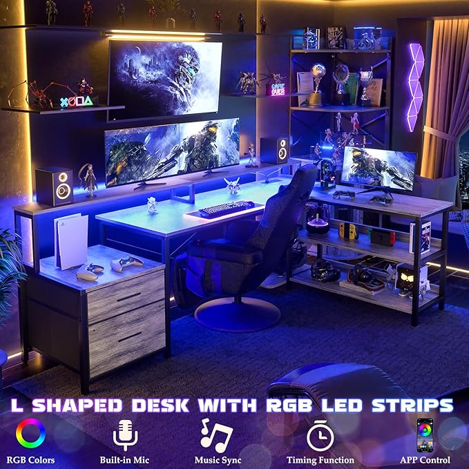 Aheaplus L Shaped Desk with File Drawer, 72.8" Reversible L Shaped Computer Desk with Power Outlet & LED Strip, Gaming Desk with Monitor Stand, Office Desk Corner Desk with Storage Shelf, White Oak