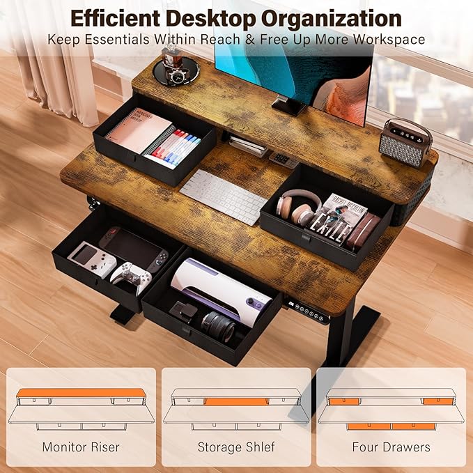 Kingant 40 x 24 Inch Small Electric Standing Desk with 4 Drawers, Height Adjustable Sit to Stand Computer Desk with Storage Shelf and C-Clamp Mount Compatibility for Home Office, Rustic Brown