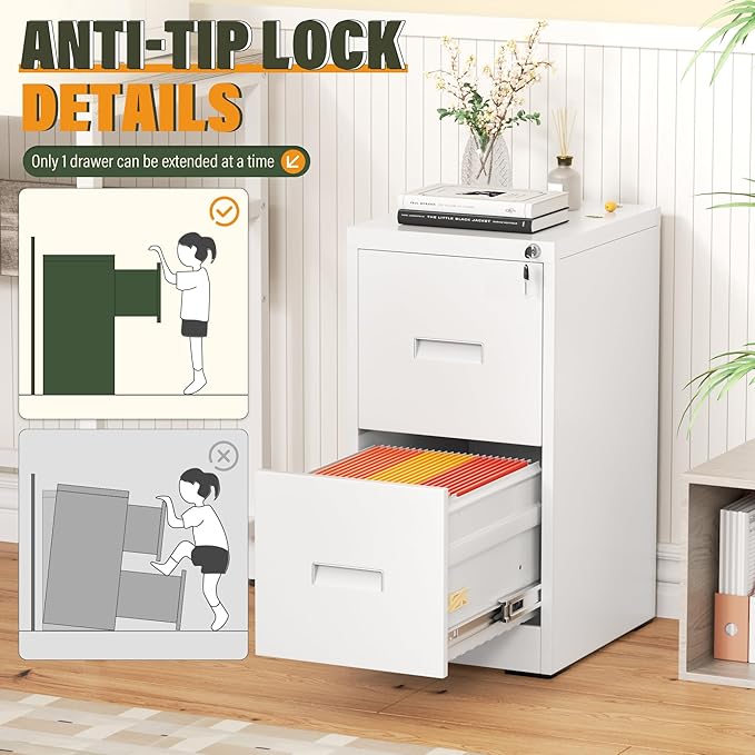 Greenvelly 2 Drawer File Cabinet with Lock, Metal Filing Cabinet for Home Office, Locking Vertical File Cabinet for Home Office, Easy Assemble (White)