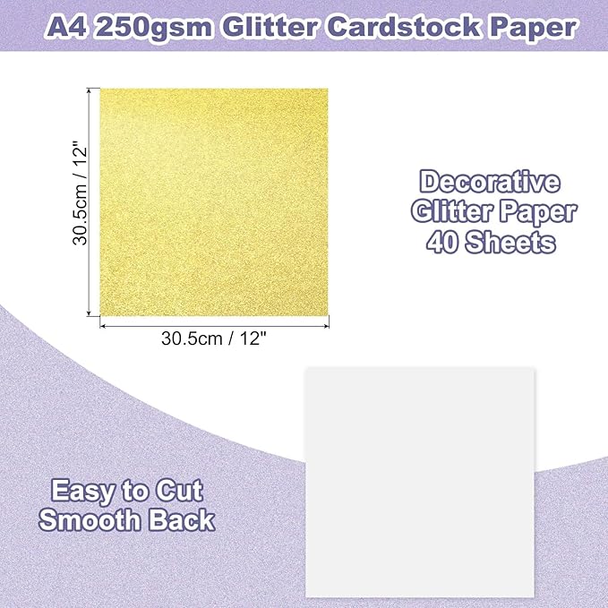 PATIKIL 40Sheets Light Gold Glitter Cardstock, 12x12In Glitter Paper Card Stock Shiny Scrapbook 250gsm Sparkly Paper Large Shimmer for Crafts Scrapbook DIY Art Wedding Party
