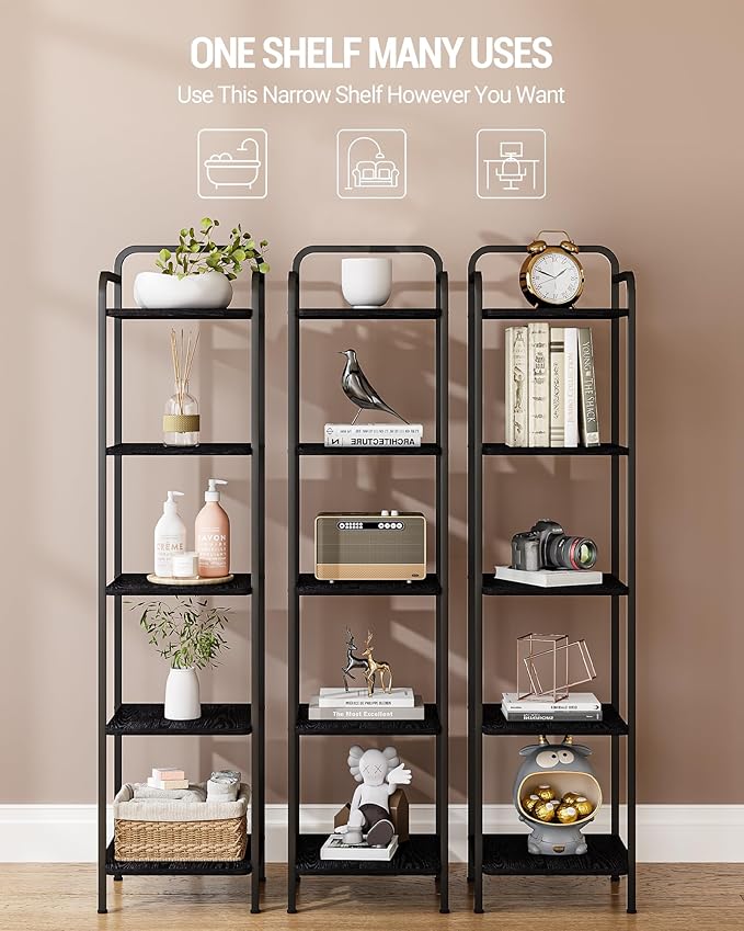 Bookcase Bookshelf, Narrow Book Shelf, Industrial Corner Shelf Storage Organizer, Slim Shelving Unit for Home Office, Living Room, Bedroom, Kitchen, 5-Tier Black BC24504B