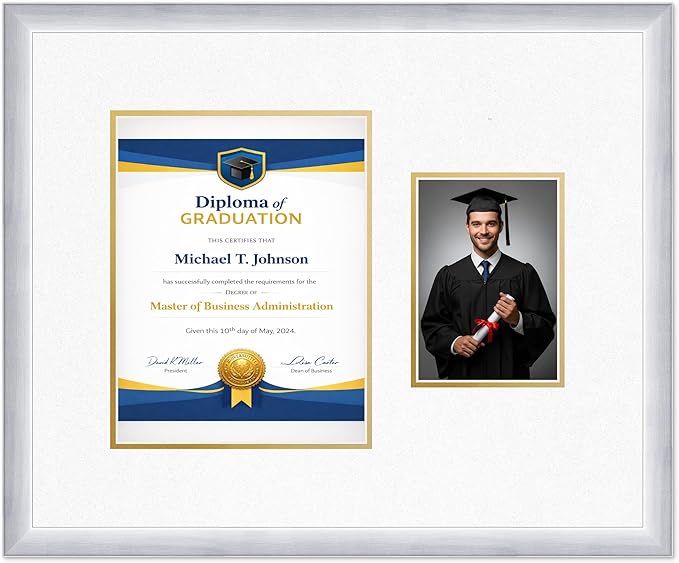 Diploma Frame With Photo Opening Stainless Silver Oyster Shell Over Gold Mat - Fits 8.5 x 11 Degree and Picture Made in the USA