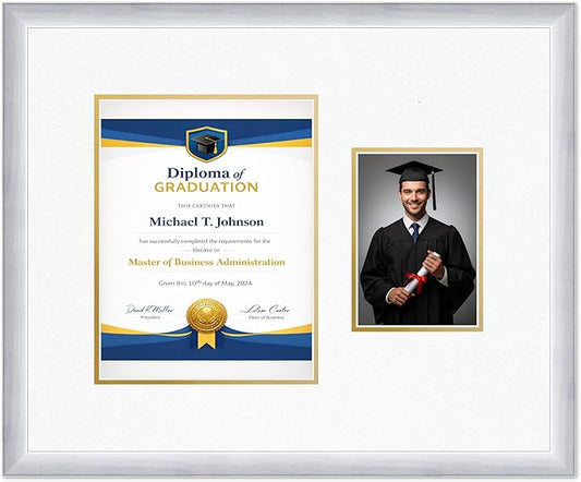 Diploma Frame With Photo Opening Stainless Silver Oyster Shell Over Gold Mat - Fits 8.5 x 11 Degree and Picture Made in the USA