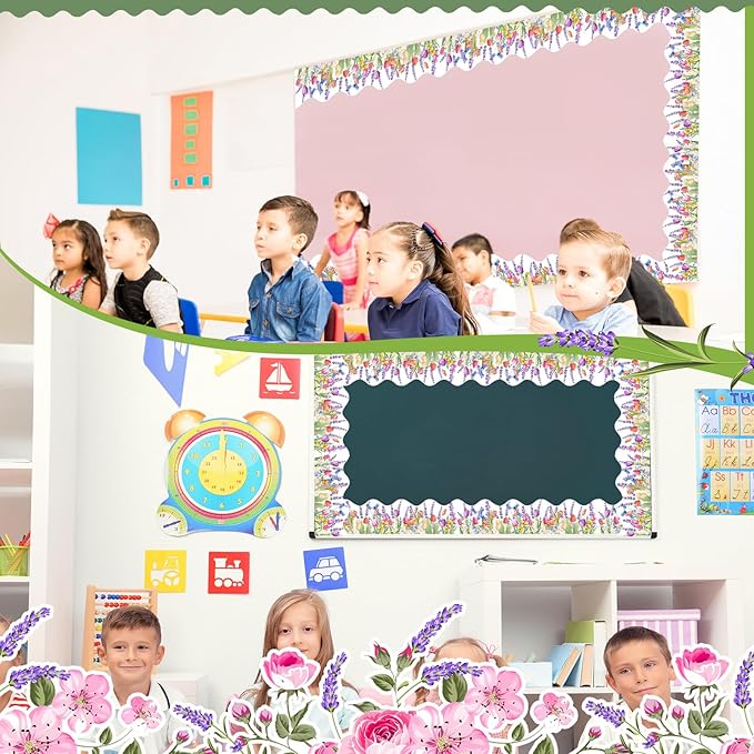 Jexine 68.9 Feet Spring Flower Bulletin Board Borders Floral Classroom Scalloped Rolled Border Trim with Tulip Lavender Patterns Bulletin Boards Decorations for School Classroom School Whiteboard Wall