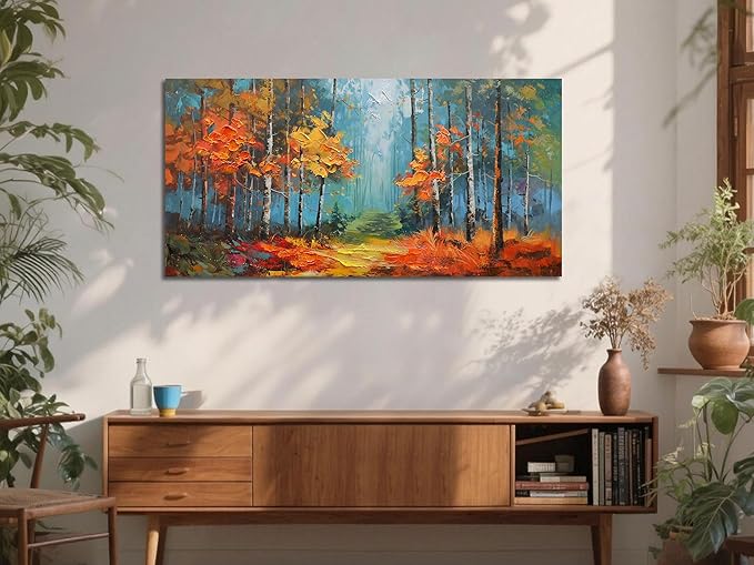 Arjun Nature Wall Art for Living Room, Landcape Canvas Forest Painting for Bedroom, Framed Textured Reddish Artwork Large Picture Dining Room Kitchen Home Office Wall Decor 48"x24"