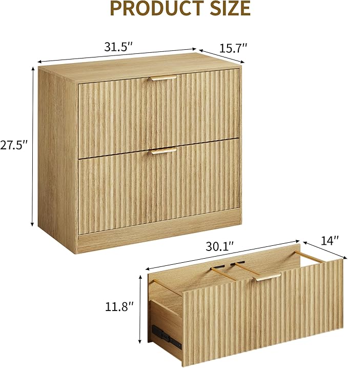 Double Drawer Horizontal File Cabinet,Wooden Fluted File Cabinet Printer Stand for Legal/Letter/A4 Size with Metal Handle for Modern Home,Office,Living Room (File cabinet-natural-05)