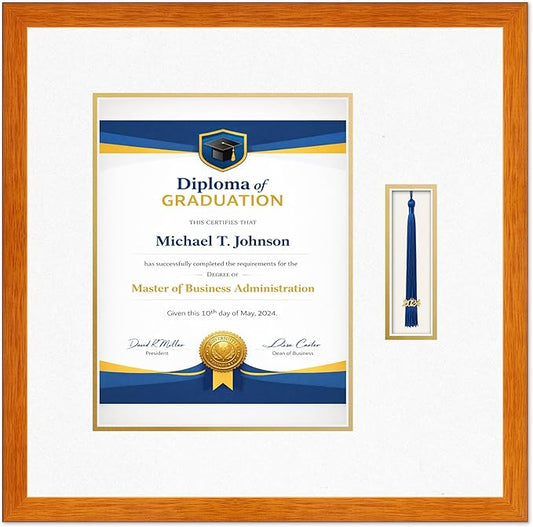 Diploma Frame with Tassel Holder Honey Oak Shadowbox Oyster Shell Over Gold Mat - Fits 10 x 13 Degree Made in the USA