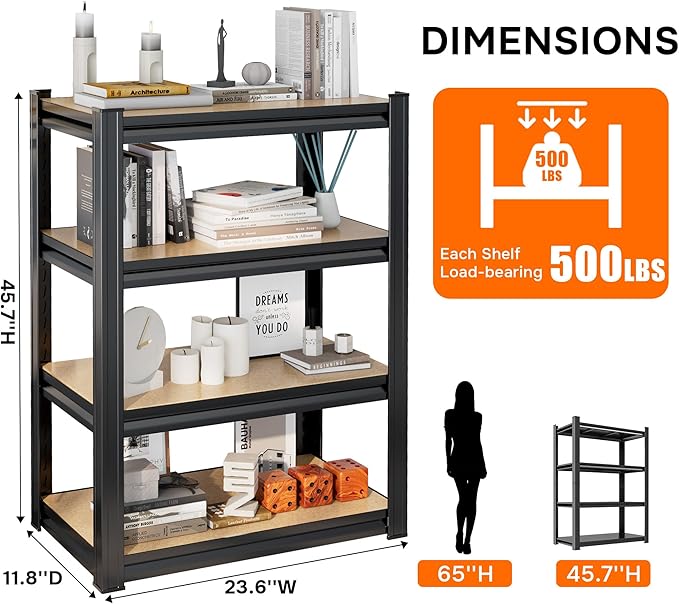 Book Shelf, 4 Tier Wooden Wide Bookcases Heavy Duty Bookshelf, Adjustable Industrial Deep Bookshelves, Tall Open Book Shelf for Living Room, Bedroom and Study Room (45.7''Hx23.6''Wx11.8''D, Black)