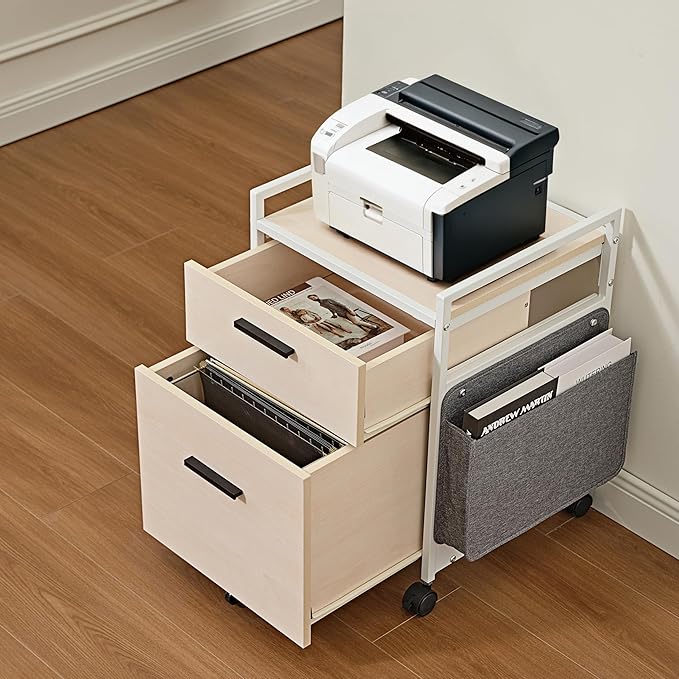 EUREKA ERGONOMIC 2-Drawer Mobile File Cabinet with Wheels, Solid Wood Rolling Storage Cabinet for Home Office, Space-Saving Under Desk Organization with Printer Stand,White