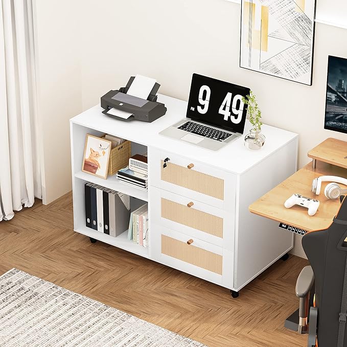 AWQM 2pcs Wood File Cabinet with Lock,3 Drawer Mobile Office Storage Cabinet with 2 Open Shelves,Printer Stand with Storage Lateral Filing Cabinet Printer Cabinet for Home Office,White