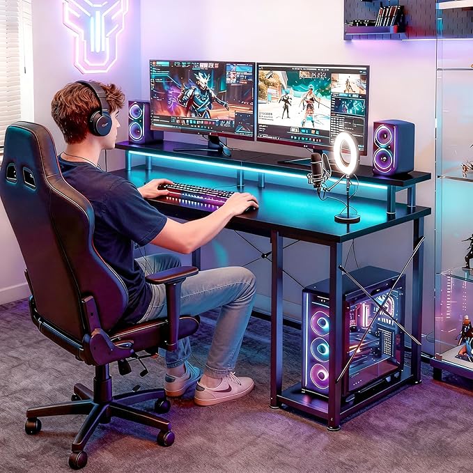 ODK 48 inch Gaming Desk with LED Lights & Power Outlets, Computer Desk with Monitor Stand & Storage Shelves, CPU Stand, Home Office Desk, Black