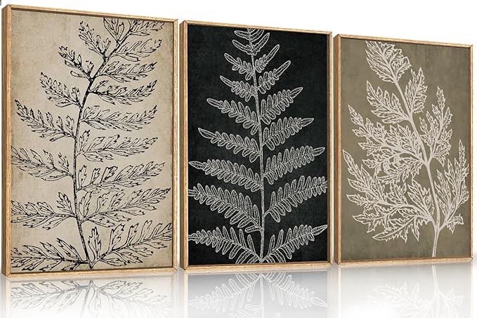 KAIRNE Farmhouse Botanical Wall Art Set of 3, Framed Fern Leaf Prints for Home Decor, Living Room Bedroom, Rustic Black Tan Minimalist Plant Painting, 16x24 Inch