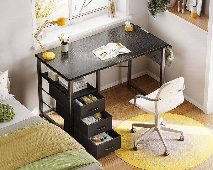 AODK 32-Inch Small Computer Desk with Fabric Drawers, Kids Girls Teen Study Writing Desk for Bedroom, Home Office Desk for Small Space, Black