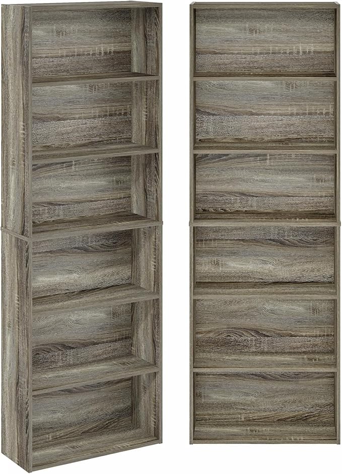 Furinno Jaya Book Shelf Set of 2, 6-Tier Bookshelf, Bookcase, 9.5 x 24.6 x 71, for Home Office, Living Room, French Oak