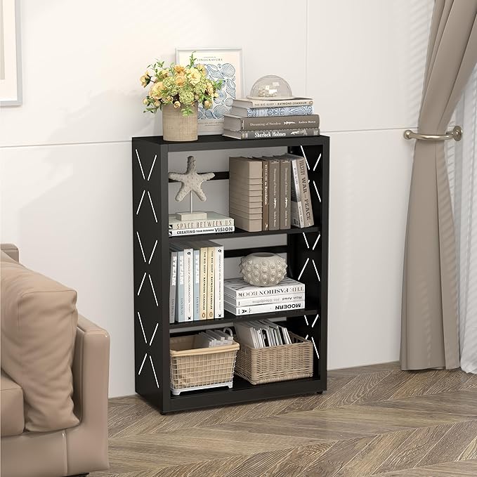 3 Tier Bookshelf, 34"Tall Metal Bookcase with Adjustable Shelves, Modern Display Book Shelf, Black Bookcase Shelf, Utility Shelf, Storage Shelves for Office, Living Room, Kitchen, Study-23"W